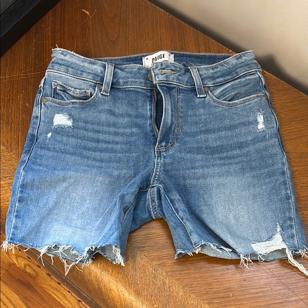PAIGE Blue Distressed Jean Shorts